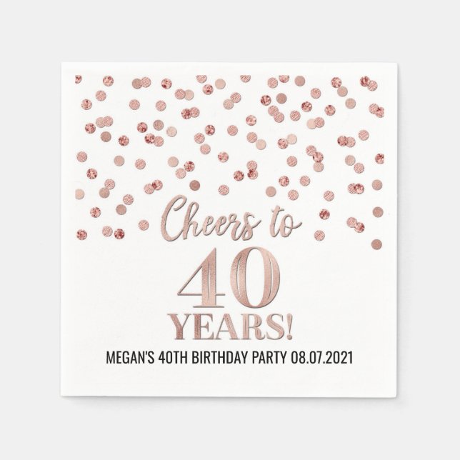 Rose Gold Confetti Cheers to 40 Years Birthday Napkins (Front)