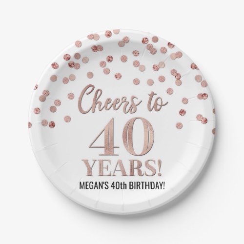 Rose Gold Confetti Cheers to 40 Years Birthday Paper Plates