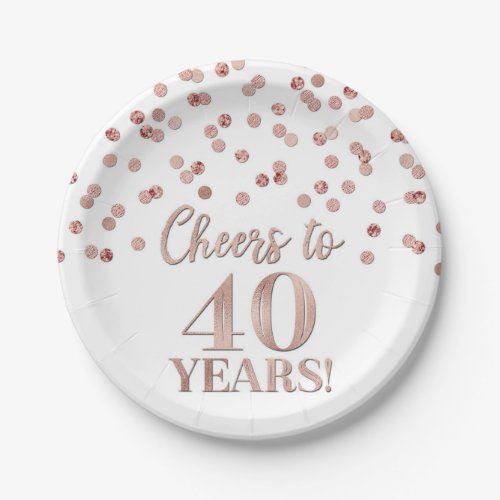 Rose Gold Confetti Cheers to 40 Years Birthday Paper Plates