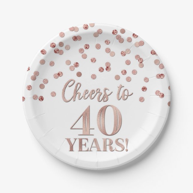 Rose Gold Confetti Cheers to 40 Years Birthday Paper Plates (Front)