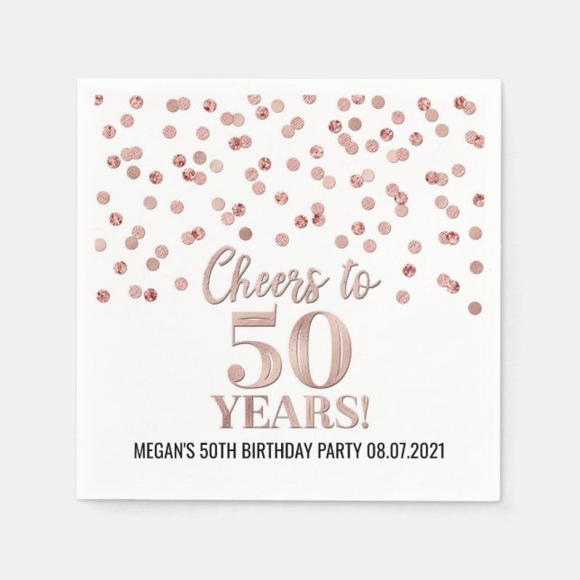 Rose Gold Confetti Cheers to 50 Years Birthday Napkins (Front)