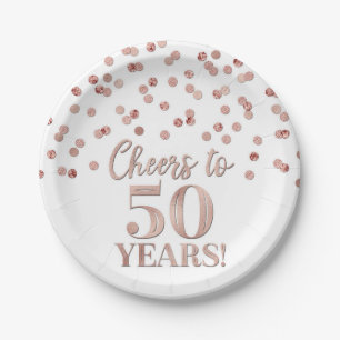Rose Gold Confetti Cheers to 50 Years Birthday Paper Plates