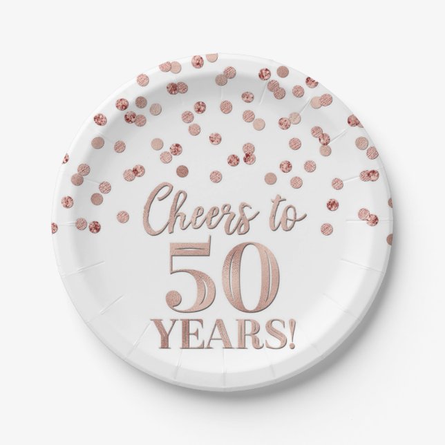 Rose Gold Confetti Cheers to 50 Years Birthday Paper Plates (Front)