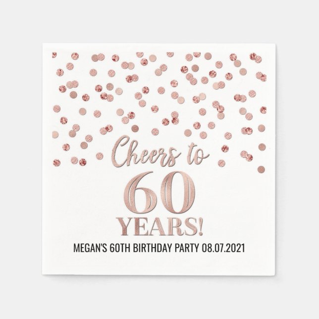 Rose Gold Confetti Cheers to 60 Years Birthday Napkins (Front)