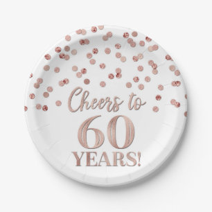 Rose Gold Confetti Cheers to 60 Years Birthday Paper Plates