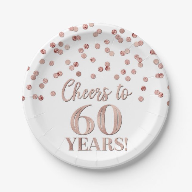 Rose Gold Confetti Cheers to 60 Years Birthday Paper Plates (Front)