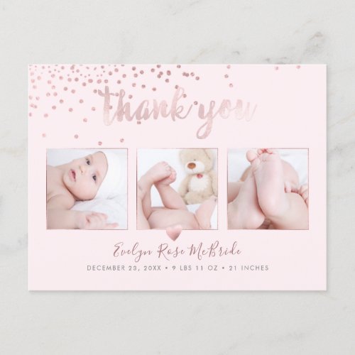 Rose Gold Confetti Chic Brush Script Thank You Postcard