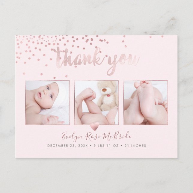 Rose Gold Confetti Chic Brush Script Thank You Postcard (Front)