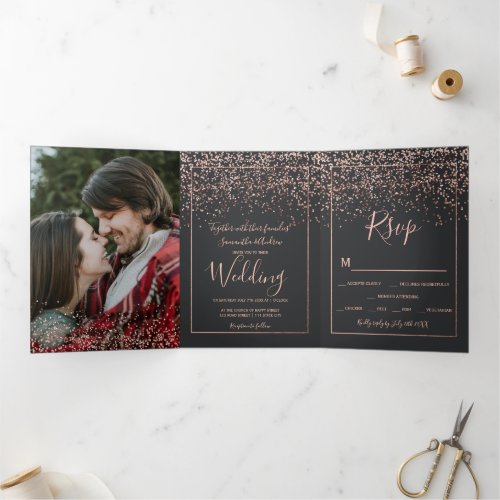 Rose gold confetti chic gray typography wedding Tri_Fold invitation