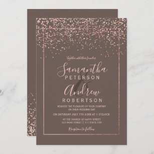 Rose gold confetti coffee typography wedding invitation