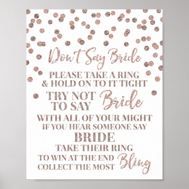 Rose Gold Confetti Don't Say Bride Game Sign (Front)