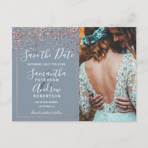 Rose gold confetti dusty blue save the date photo postcard