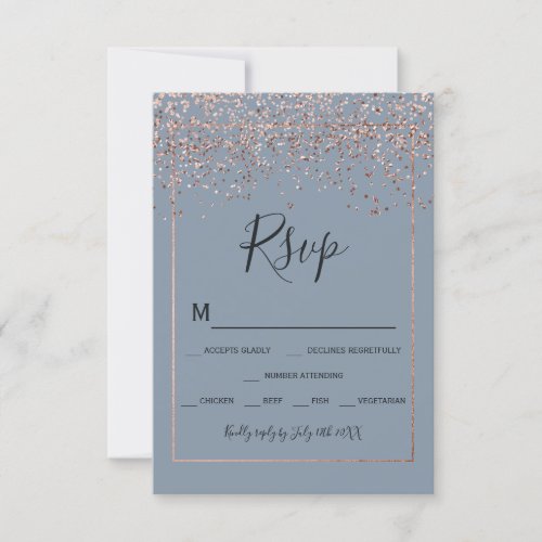 Rose gold confetti dusty blue typography rsvp