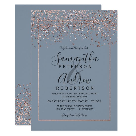 Rose gold confetti dusty blue typography wedding invitation