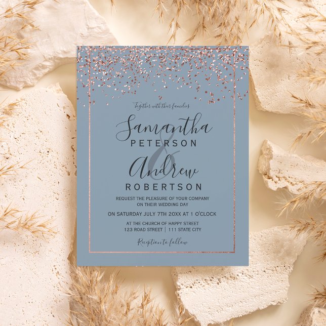 Rose gold confetti dusty blue typography wedding invitation (Creator Uploaded)
