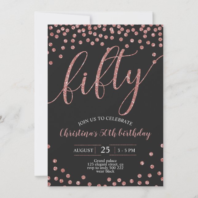 Rose Gold Confetti Elegant 50th Birthday Women Invitation (Front)