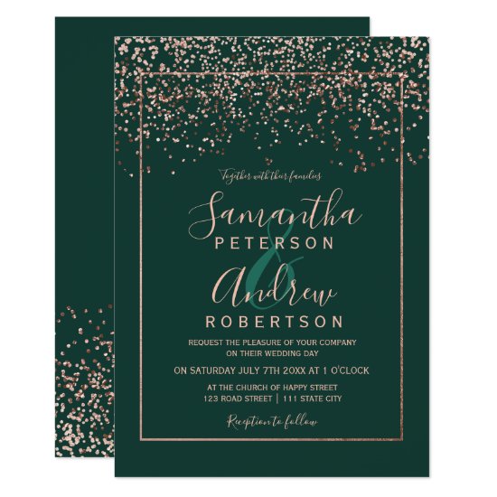 Rose gold confetti emerald green script wedding invitation