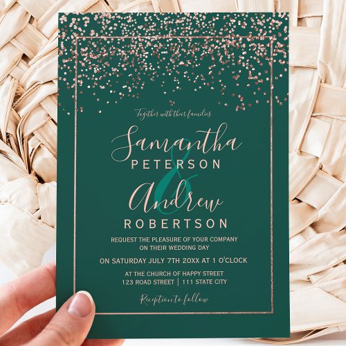 Rose gold confetti emerald green script wedding invitation