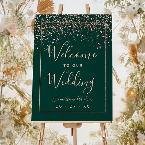 Rose gold confetti emerald green wedding welcome foam board
