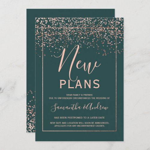 Rose gold confetti emerald new plans postponed invitation