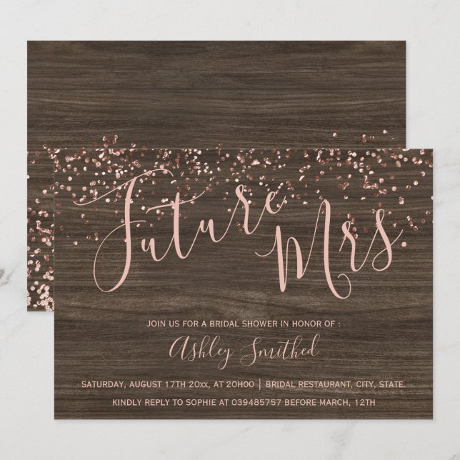 Rose gold confetti fall wood Mrs bridal shower Invitation (Front/Back)