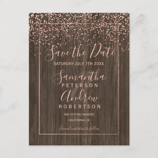 Rose gold confetti  fall wood script save the date announcement postcard (Front)