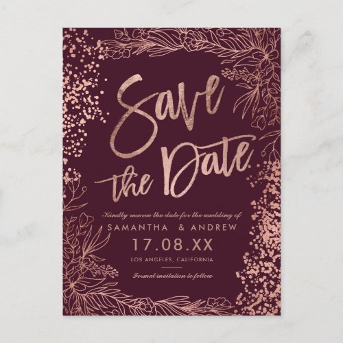 Rose gold confetti floral burgundy save the date announcement postcard