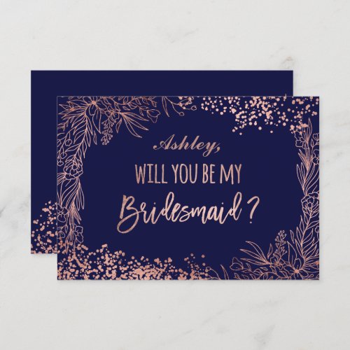 Rose gold confetti floral navy be my bridesmaid invitation