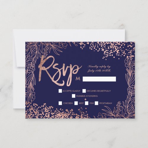 Rose gold confetti floral navy blue rsvp wedding