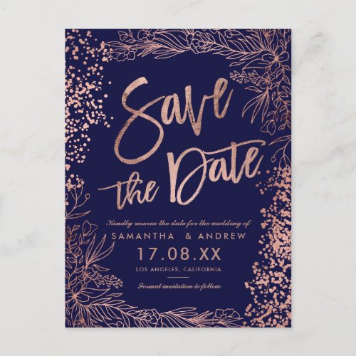 Rose gold confetti floral navy blue save the date announcement postcard