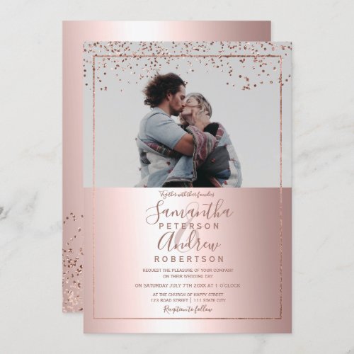 Rose gold confetti foil typography photo wedding invitation