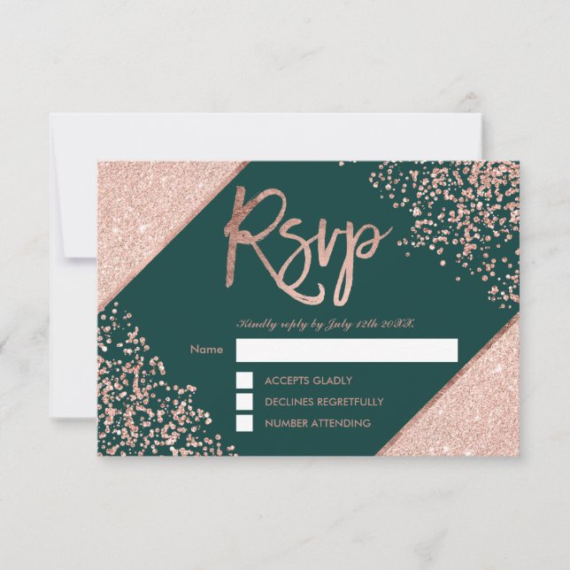 Rose gold confetti frame green rsvp wedding (Front)