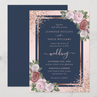 Rose Gold Confetti Glitter Navy Blue Blush Wedding Invitation