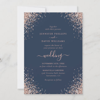 Rose Gold Confetti Glitter Navy Blue Wedding Invitation