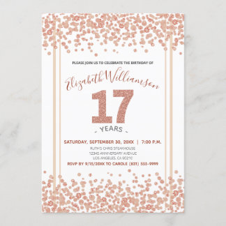 Rose Gold Confetti Glitter-Style 17th Birthday Invitation
