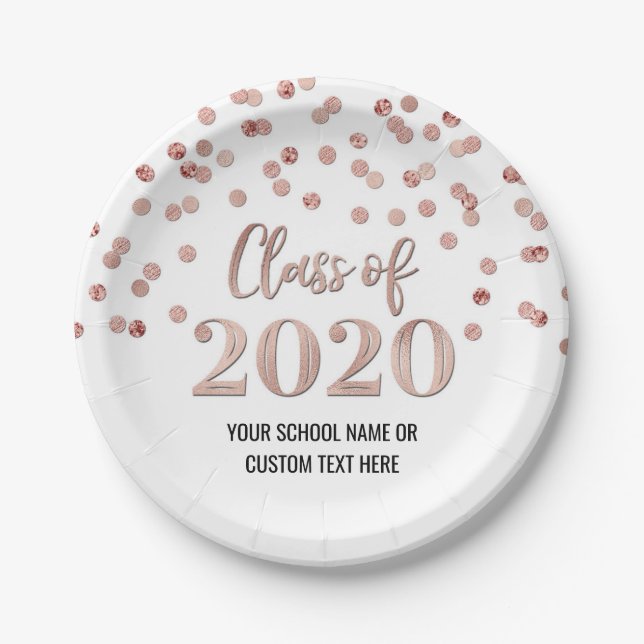 Rose Gold Confetti Graduation 2020 Paper Plates (Front)