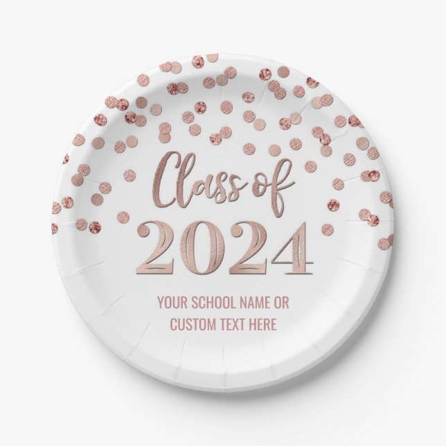 Rose Gold Confetti Graduation 2024 Paper Plates (Front)