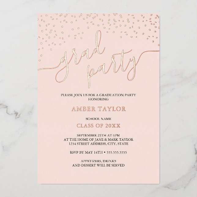 Rose Gold Confetti Graduation Party Foil Invitation (Front)