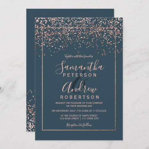 Rose gold confetti gray blue typography wedding invitation