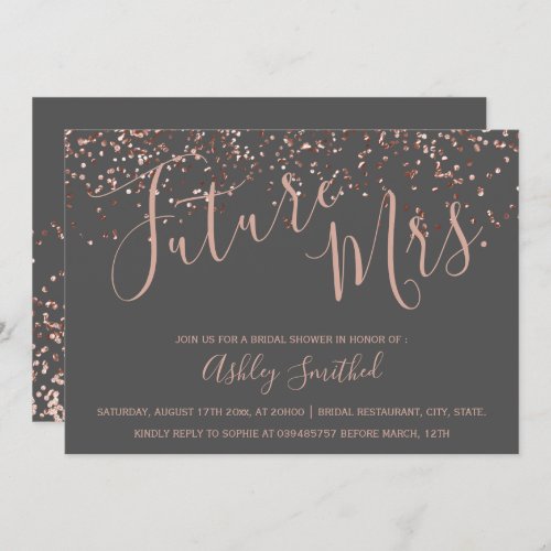 Rose gold confetti gray Mrs bridal shower Invitation