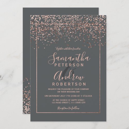 Rose gold confetti gray typography wedding invitation