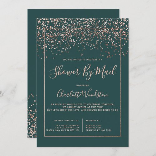 Rose gold confetti green bridal shower by mail invitation