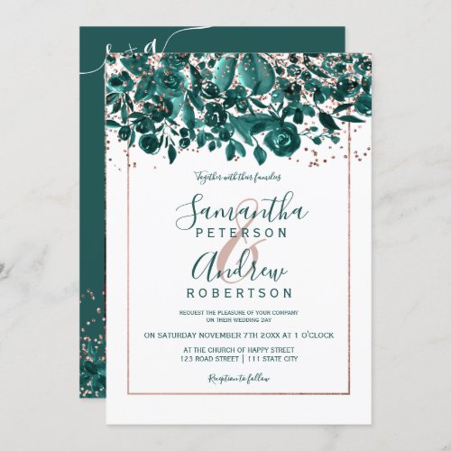 Rose gold confetti green chic floral photo wedding invitation