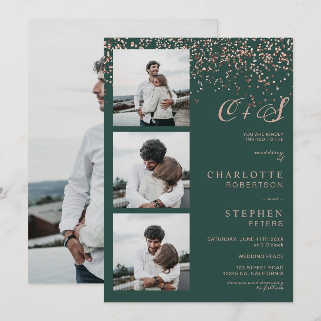 Rose gold confetti green initials photos wedding invitation (Front/Back)