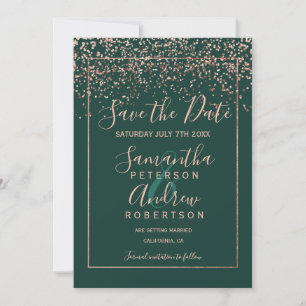 Rose gold confetti green save the date wedding