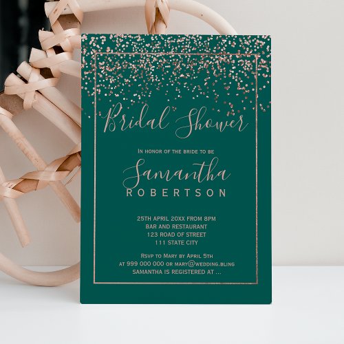 Rose gold confetti green script bridal shower invitation