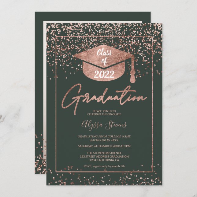 Rose gold confetti green script graduation invitation (Front/Back)