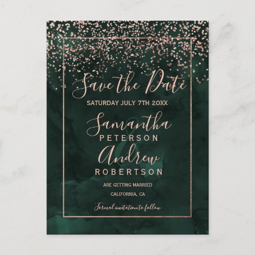 Rose gold confetti green script save the date announcement postcard