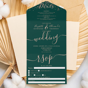 Rose gold confetti green script wedding all in one invitation