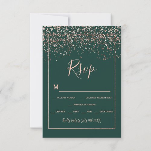 Rose gold confetti green typography rsvp